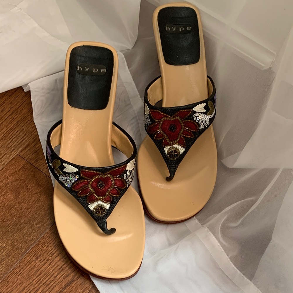 Hype Black Embroidered Thong Mules with Red Floral Motif